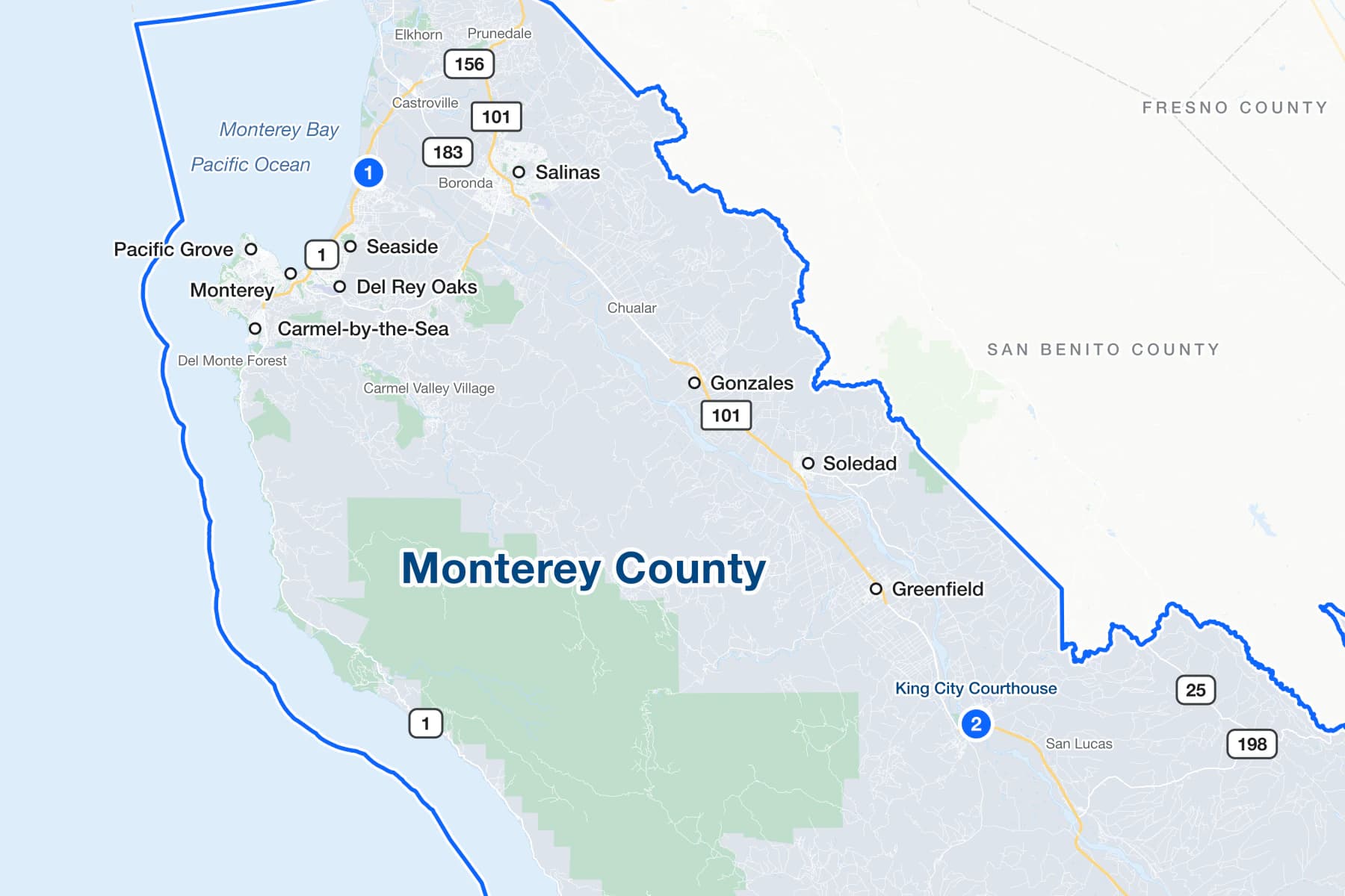 Map of Monterey County, California, with numbered pins at the Marina Courthouse and the King City Courthouse.