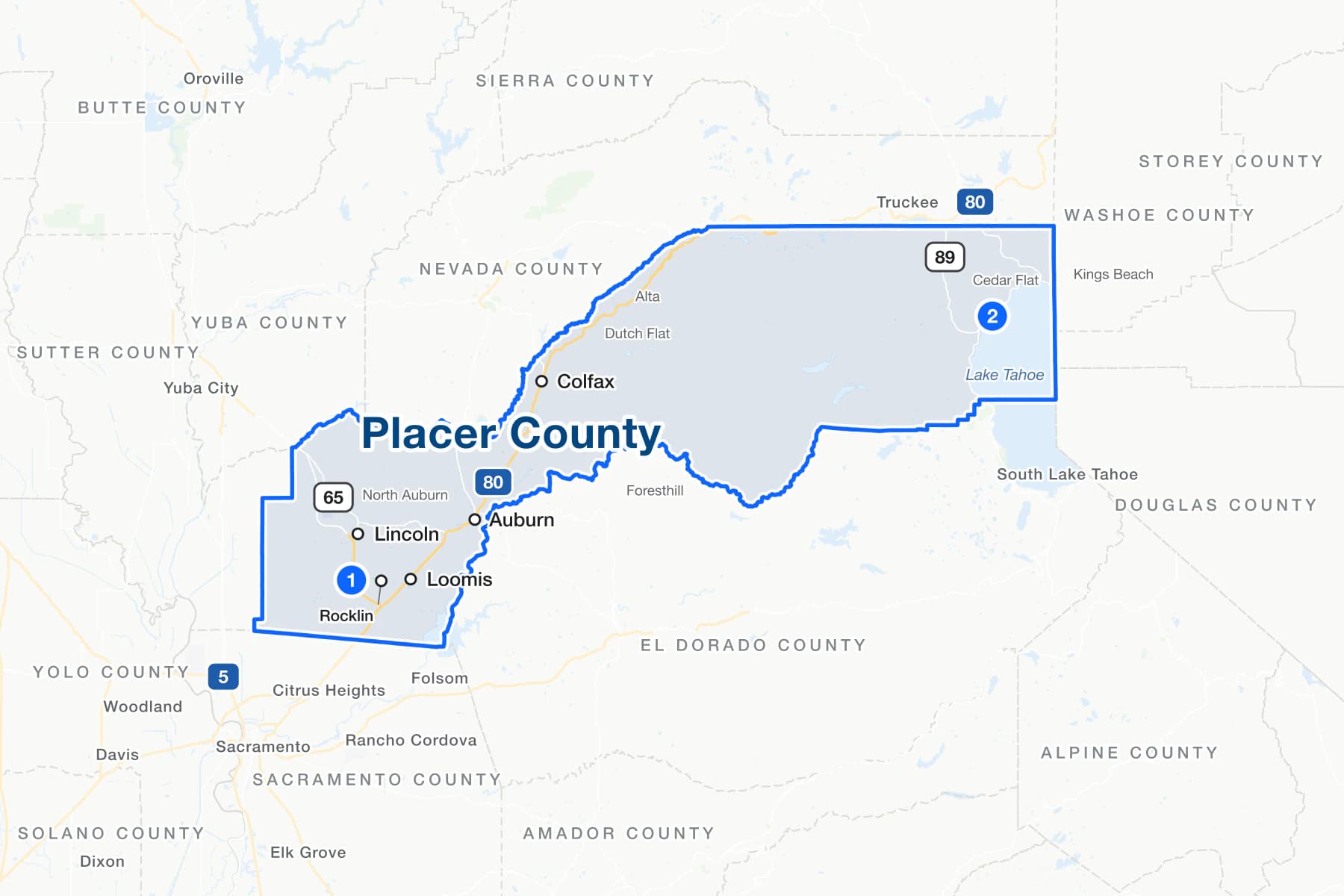 Map of Placer County, California, with numbered pins at the Hon. Howard G. Gibson Courthouse in Roseville and the Superior Court Tahoe Courthouse in Tahoe City.