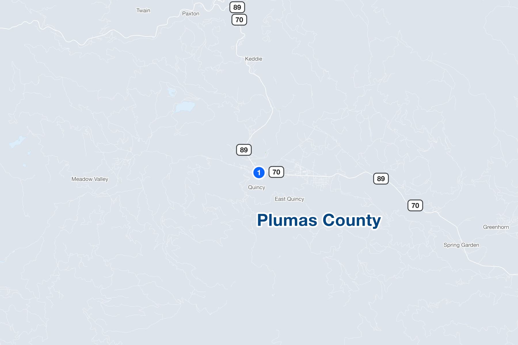 Map of Quincy, California, with a numbered pin at the Plumas County Courthouse on Main Street.
