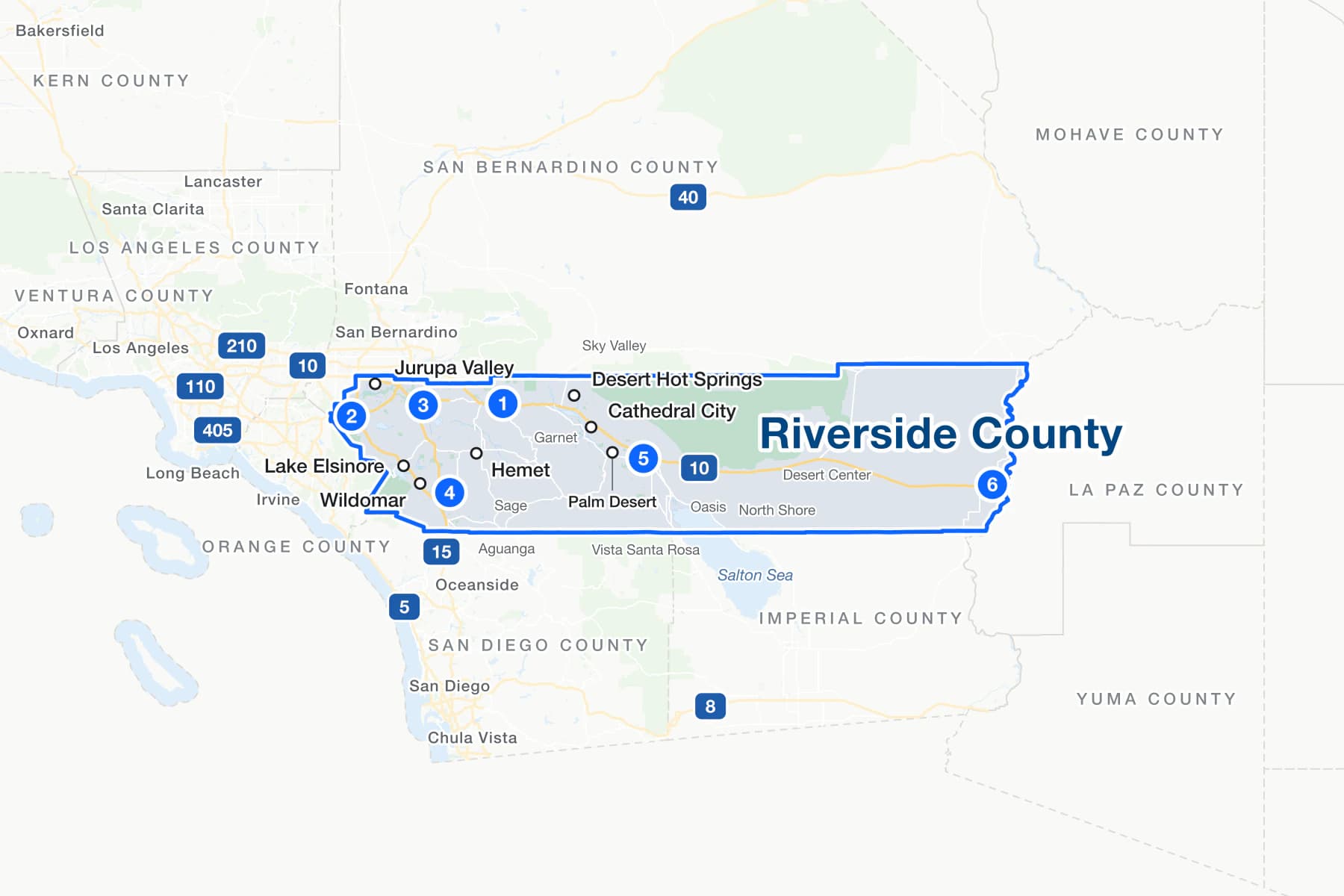 Map of Riverside County, California, with numbered pins at the traffic courts in Corona, Moreno Valley, Banning, Murrieta, Indio and Blythe.