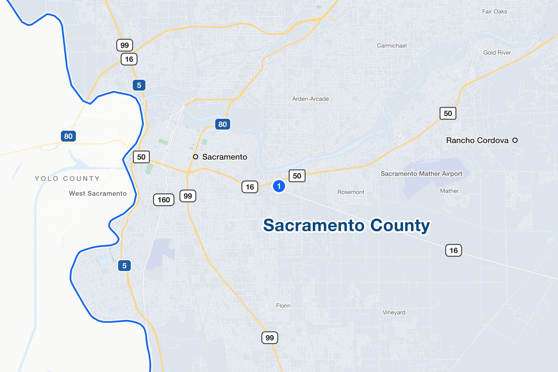カリフォルニア州サクラメントの地図。Bicentennial CircleのCarol Miller Justice Centerに番号付きのピンがあります。