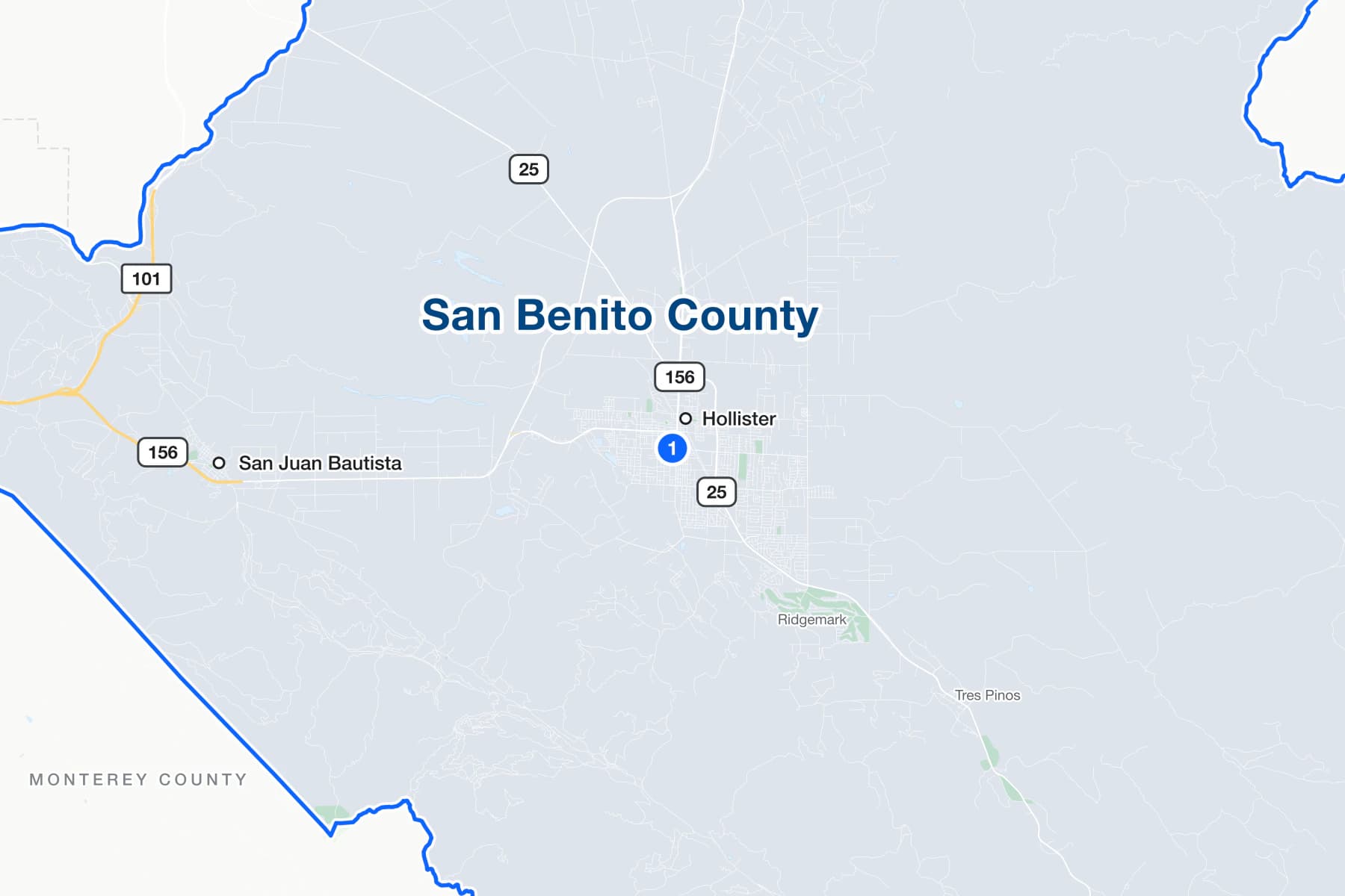 Map of Hollister, California, with a numbered pin at the San Benito County courthouse on Fourth Street.
