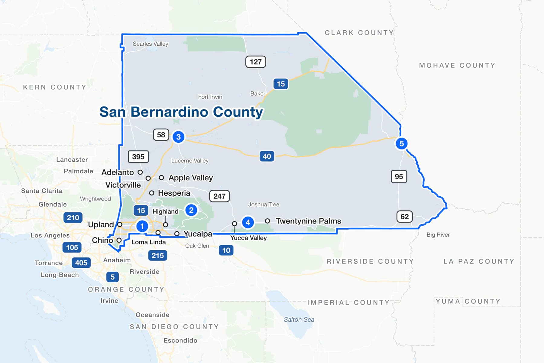 Map of San Bernardino County, California, with numbered pins at the traffic courts in Fontana, Big Bear Lake, Barstow, Joshua Tree and Needles.
