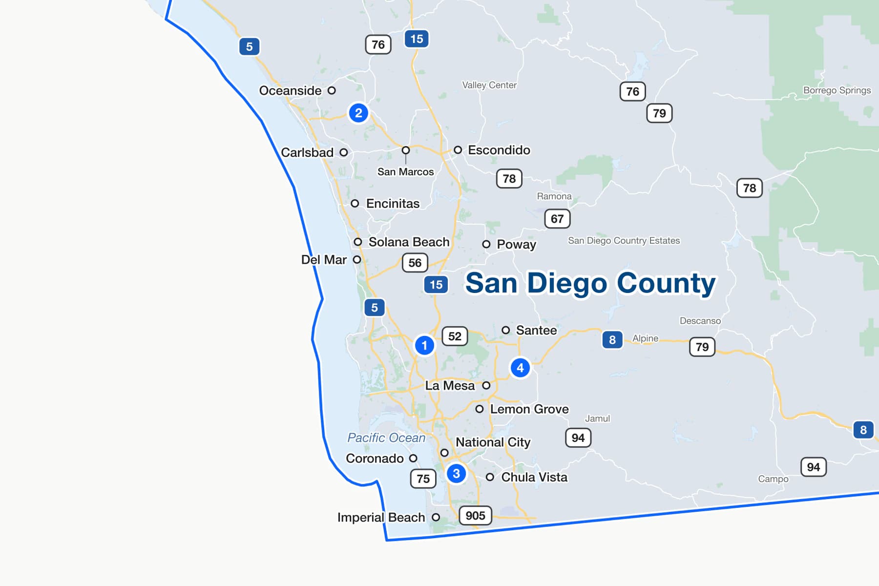 Map of San Diego County, California, with numbered pins at the traffic courts in Kearny Mesa, Vista, Chula Vista and El Cajon.