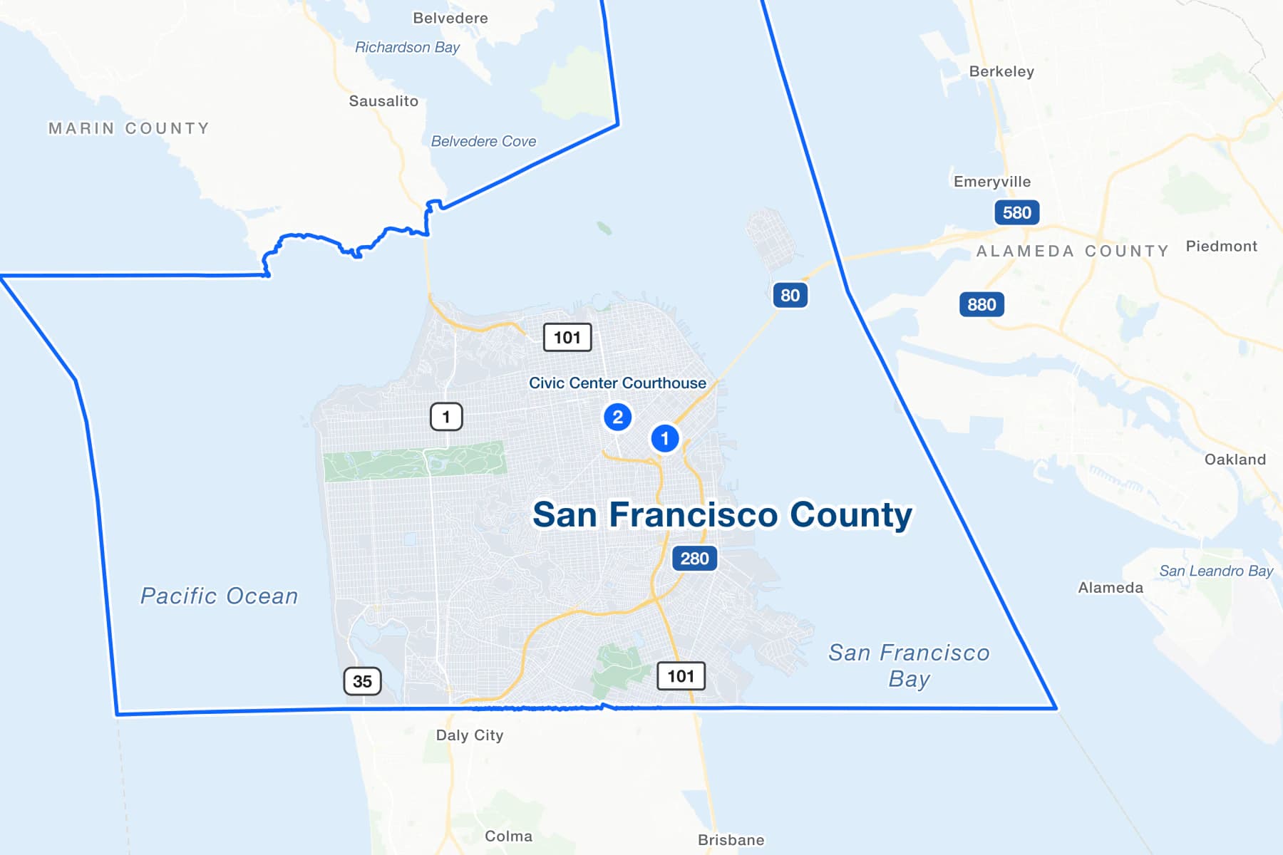 Mapa de San Francisco, California, con marcadores numerados en el Hall of Justice de Bryant Street y el Civic Center Courthouse de McAllister Street.