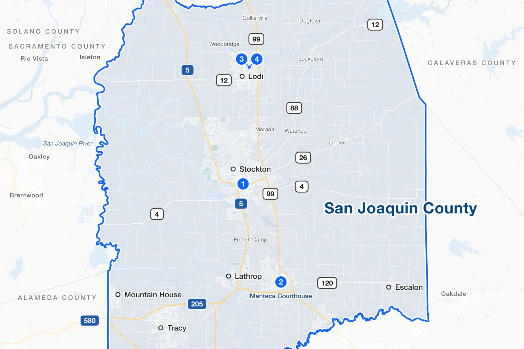 Map of San Joaquin County, California, with numbered pins at the traffic courthouses in Stockton, Manteca and Lodi.