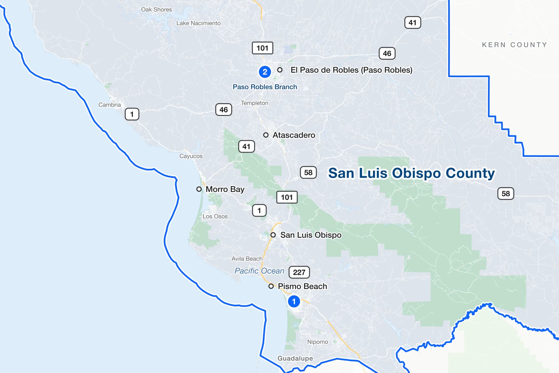 Map of San Luis Obispo County, California, with numbered pins at the Grover Beach Branch and the Paso Robles Branch.