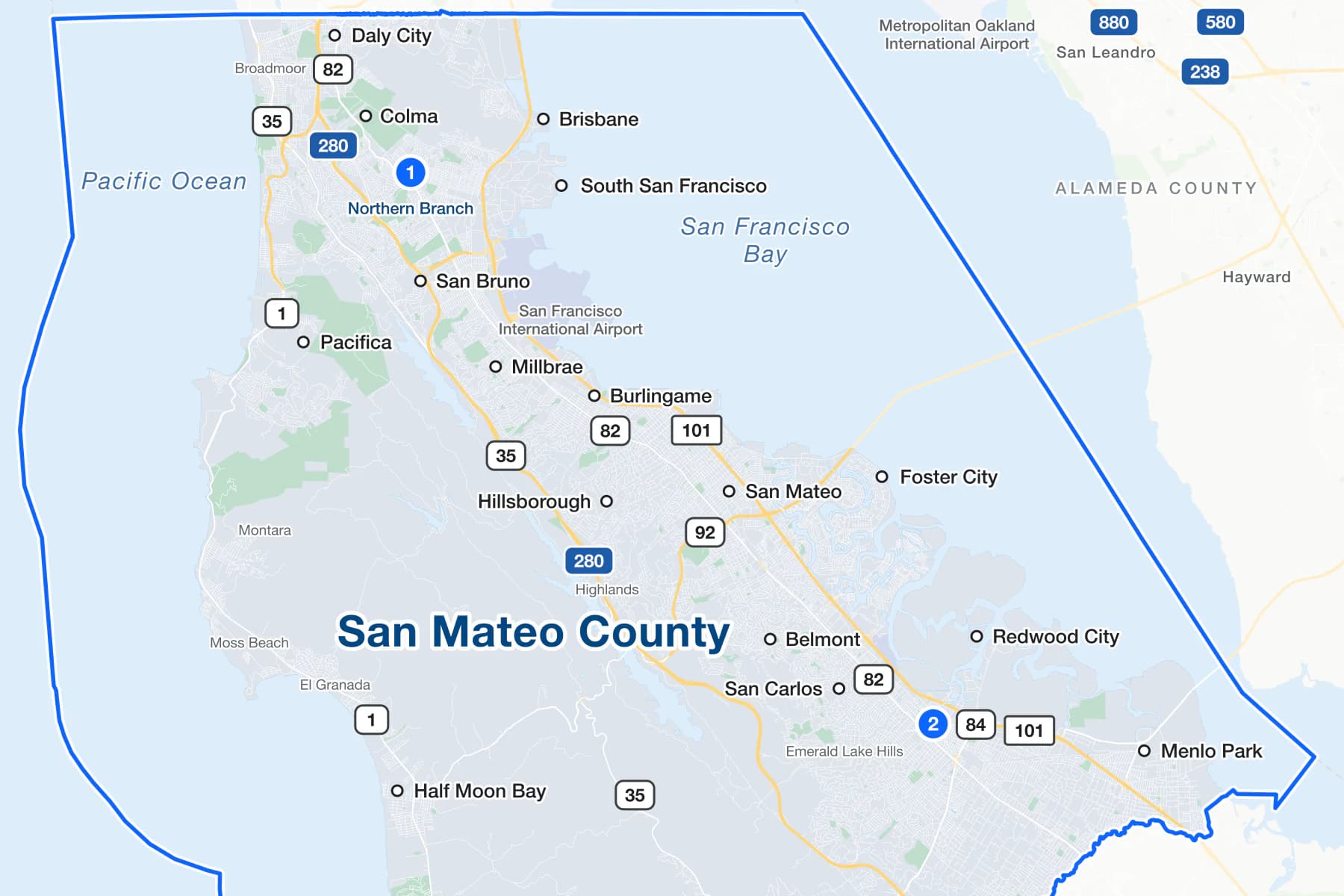Map of San Mateo County, California, with numbered pins at the Northern Branch in South San Francisco and the Hall of Justice and Records in Redwood City.