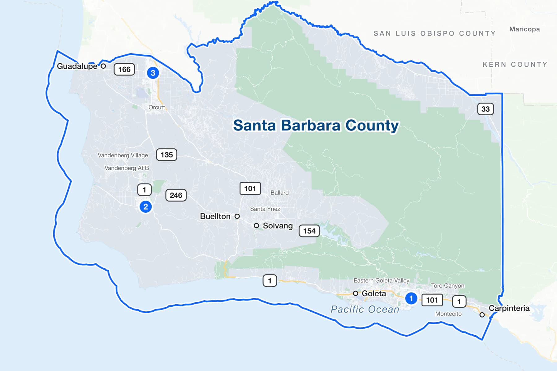 Map of Santa Barbara County, California, with numbered pins at the traffic courts in Santa Barbara, Lompoc and Santa Maria.