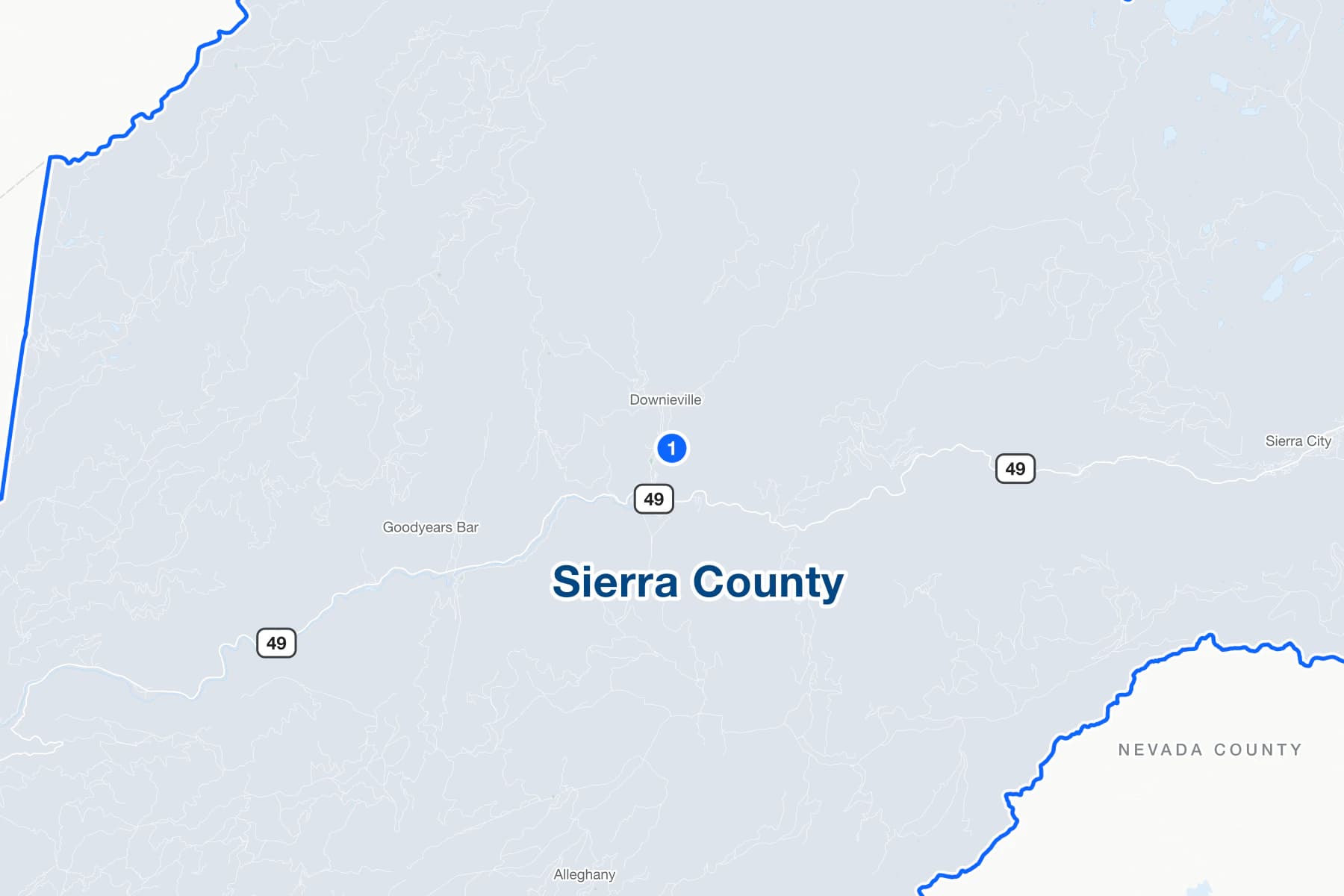 Map of Downieville, California, with a numbered pin at the Sierra County Superior Court on Courthouse Square.