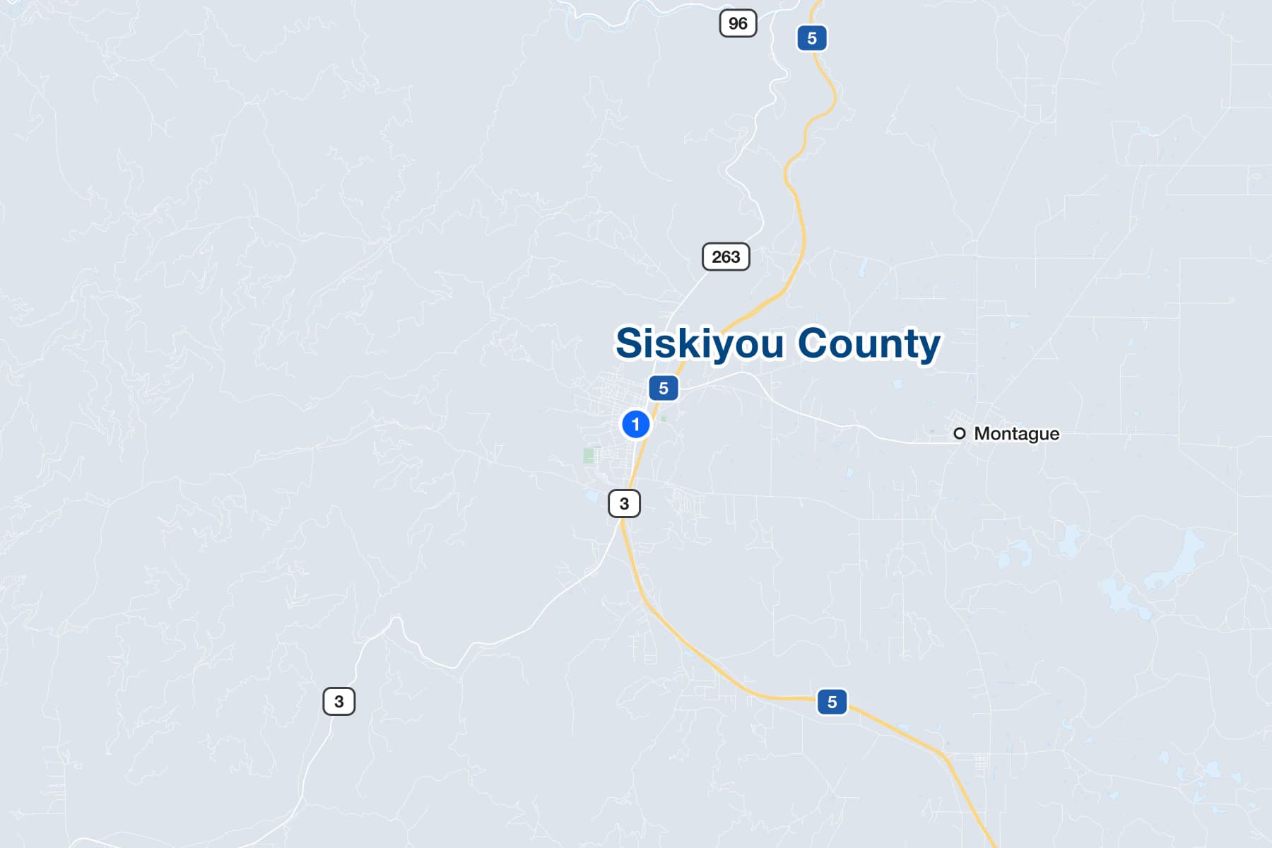 Map of Yreka, California, with a numbered pin at the Siskiyou County Superior Court on Fourth Street.