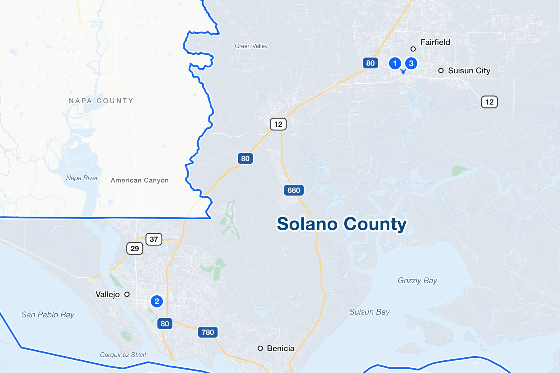 Map of Fairfield and Vallejo in Solano County, California, with numbered pins at the Hall of Justice, the Solano Justice Building and the Law and Justice Center.