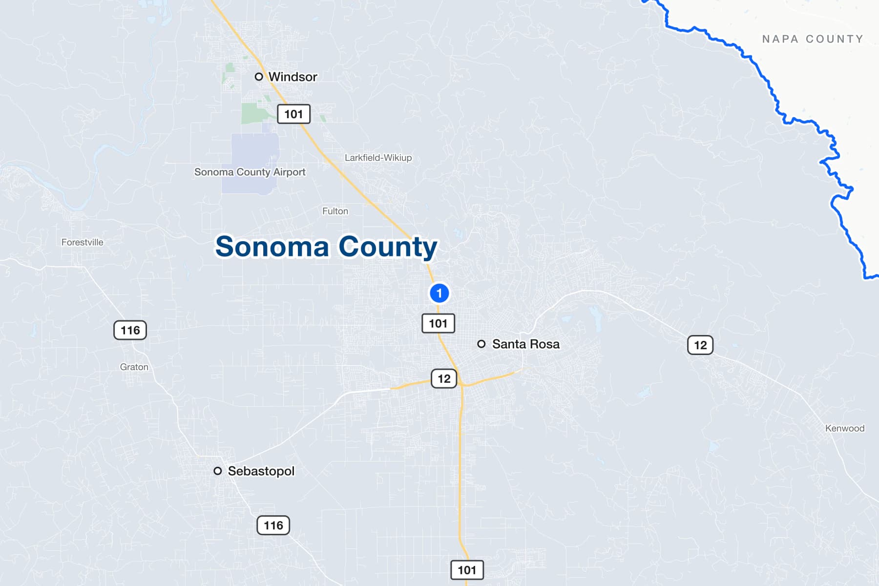 Map of Santa Rosa, California, with a numbered pin at the Hall of Justice on Administration Drive.