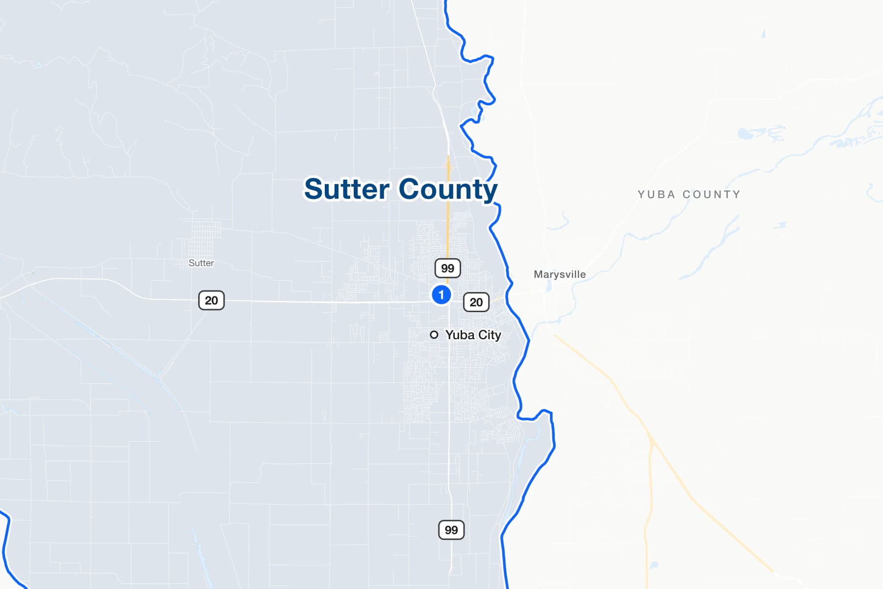 Map of Yuba City, California, with a numbered pin at the Sutter County Superior Courthouse on Civic Center Blvd.