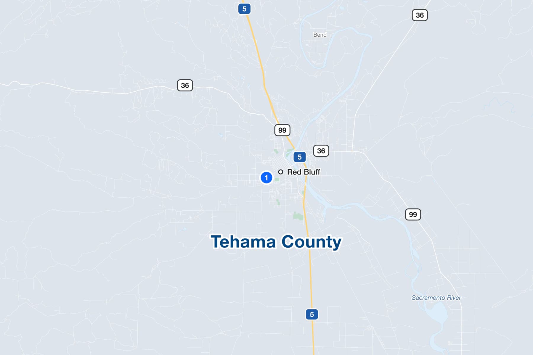 Map of Red Bluff, California, with a numbered pin at the Tehama County courthouse on Walnut Street.