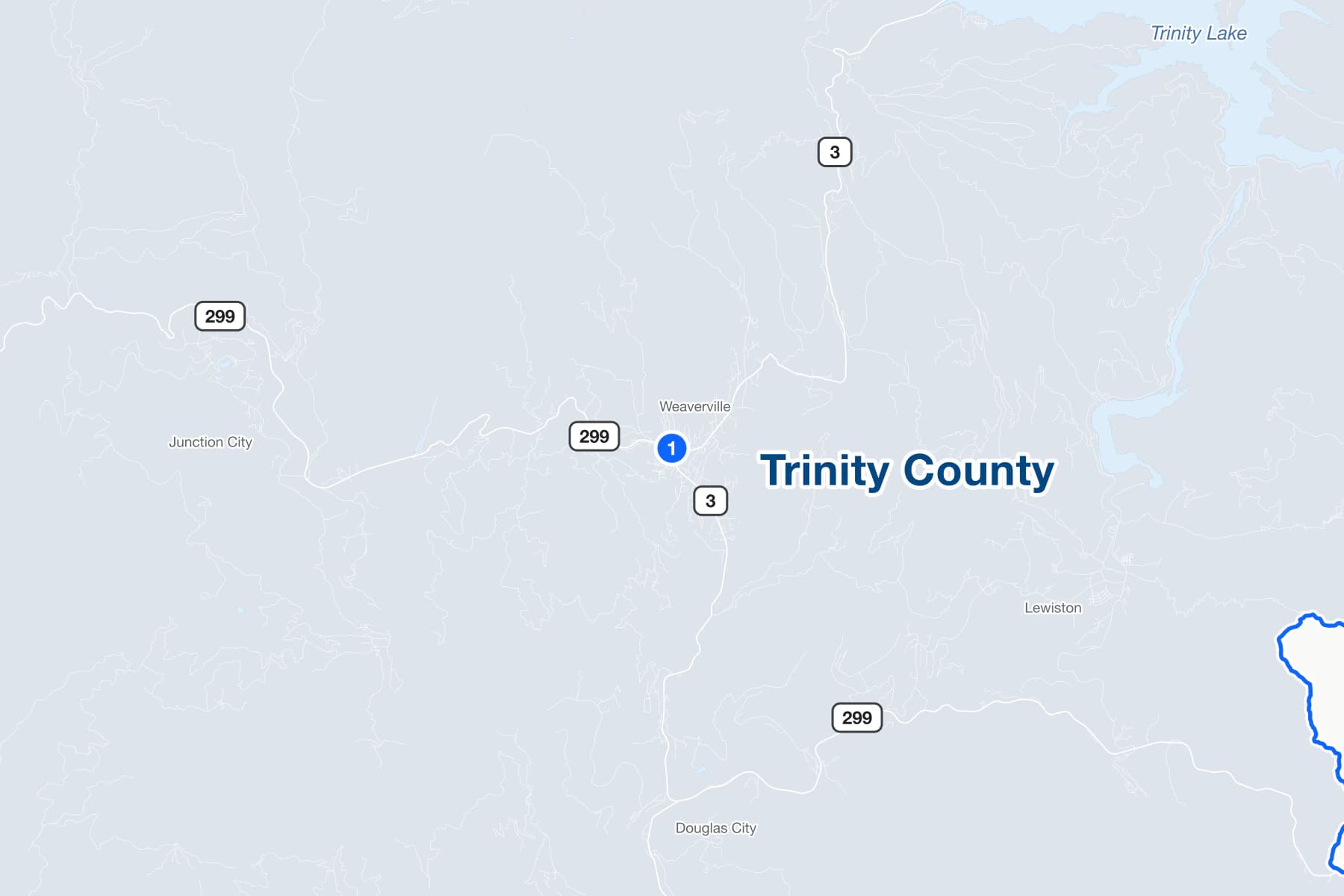 Mapa de Weaverville, California, con un marcador numerado en el Main Courthouse del Trinity Superior Court en Court Street.
