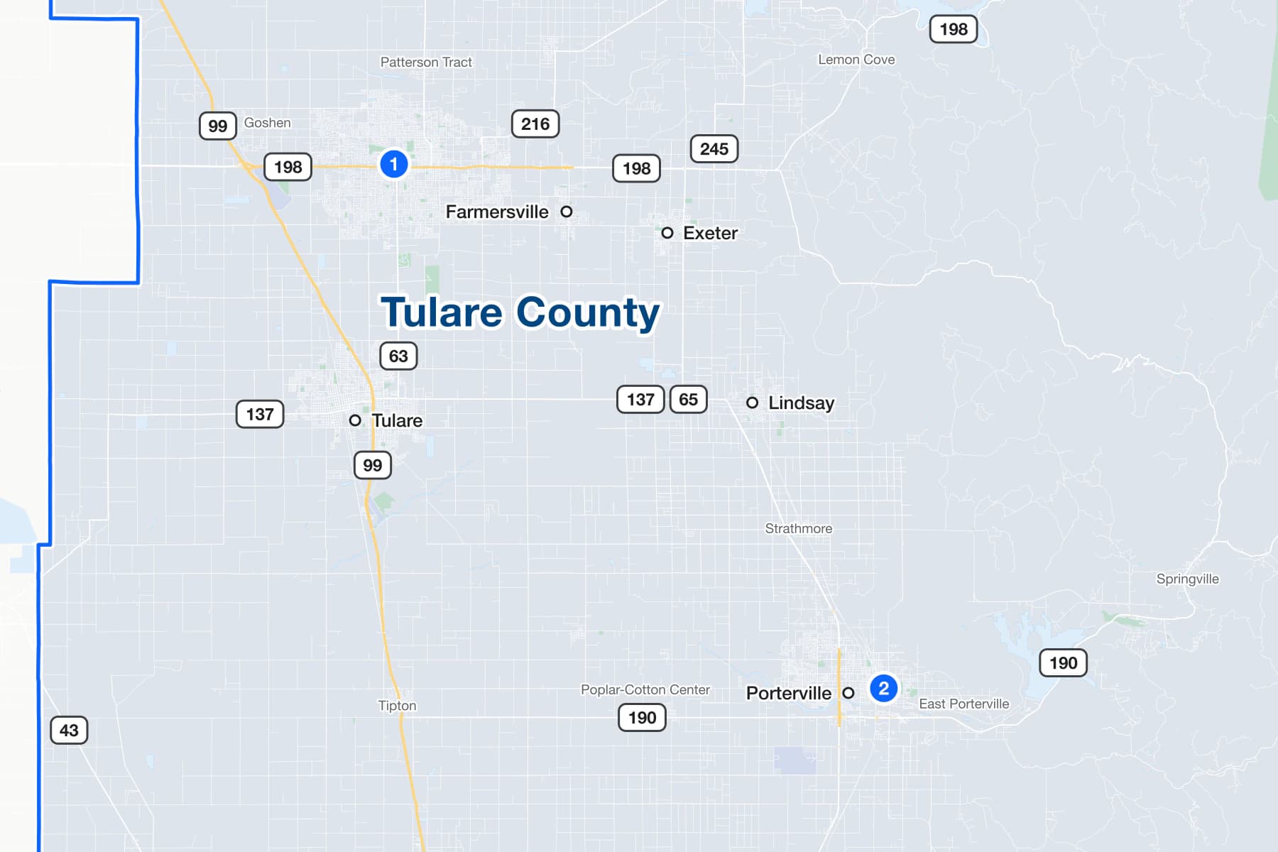 Map of Tulare County, California, with numbered pins at the County Civic Center in Visalia and the South County Justice Center in Porterville.