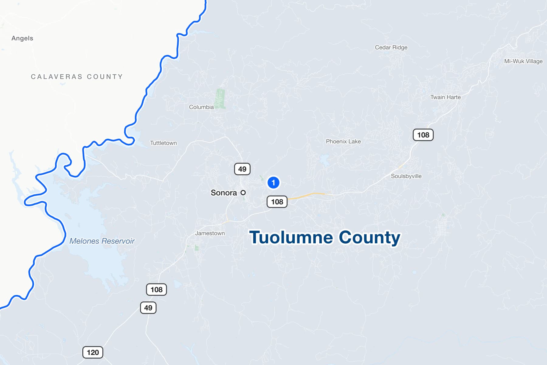 Map of Sonora, California, with a numbered pin at the Tuolumne County courthouse on Justice Center Drive.