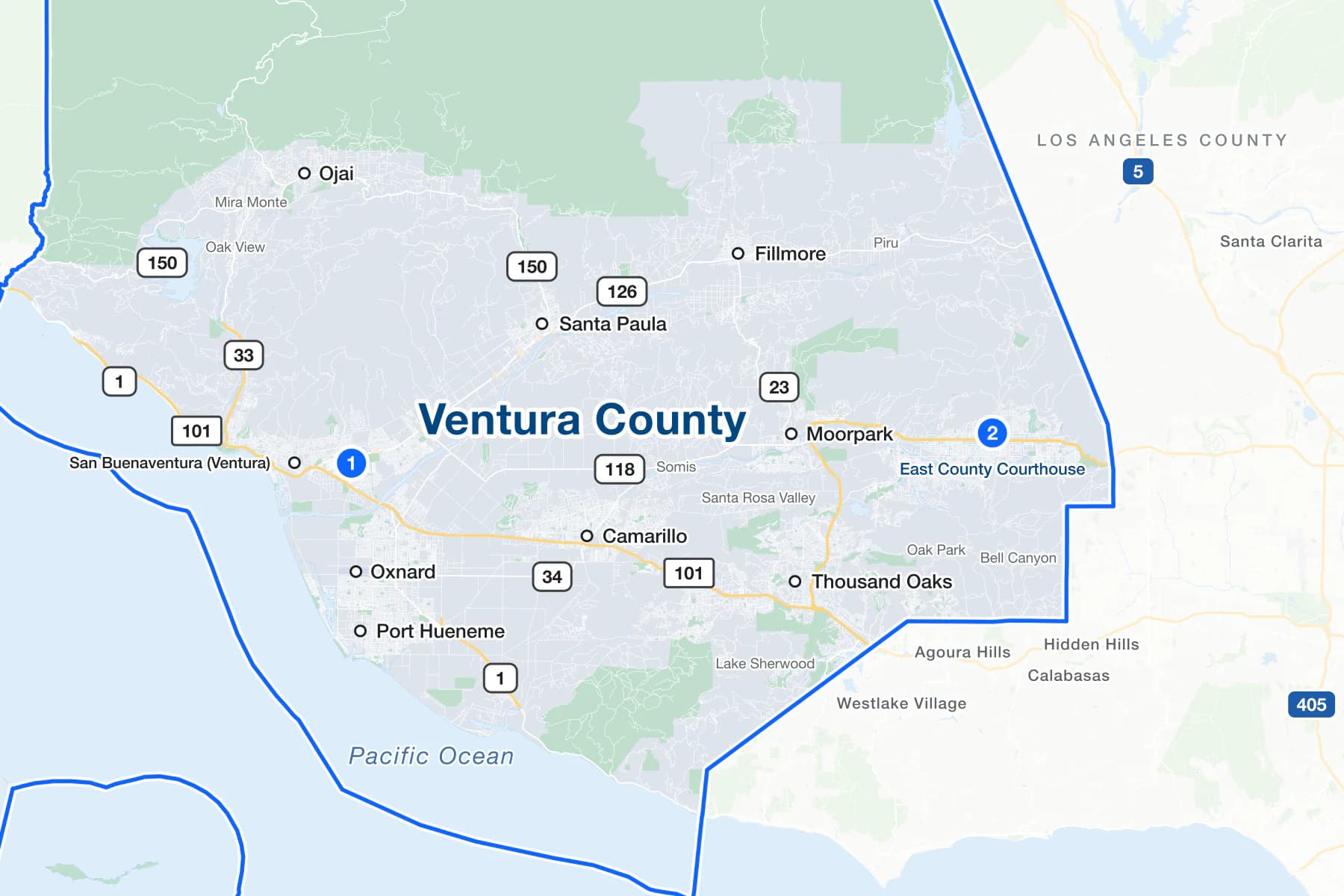 Map of Ventura County, California, with numbered pins at the Hall of Justice in Ventura and the East County Courthouse in Simi Valley.