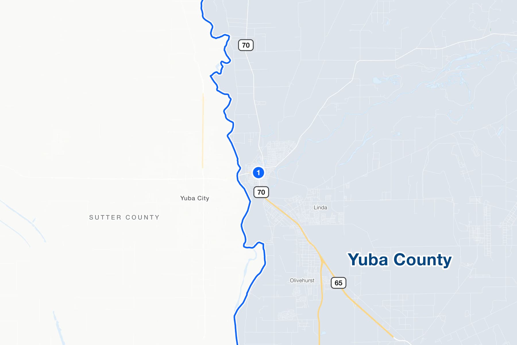 Map of Marysville, California, with a numbered pin at the Yuba County Courthouse on 5th Street.